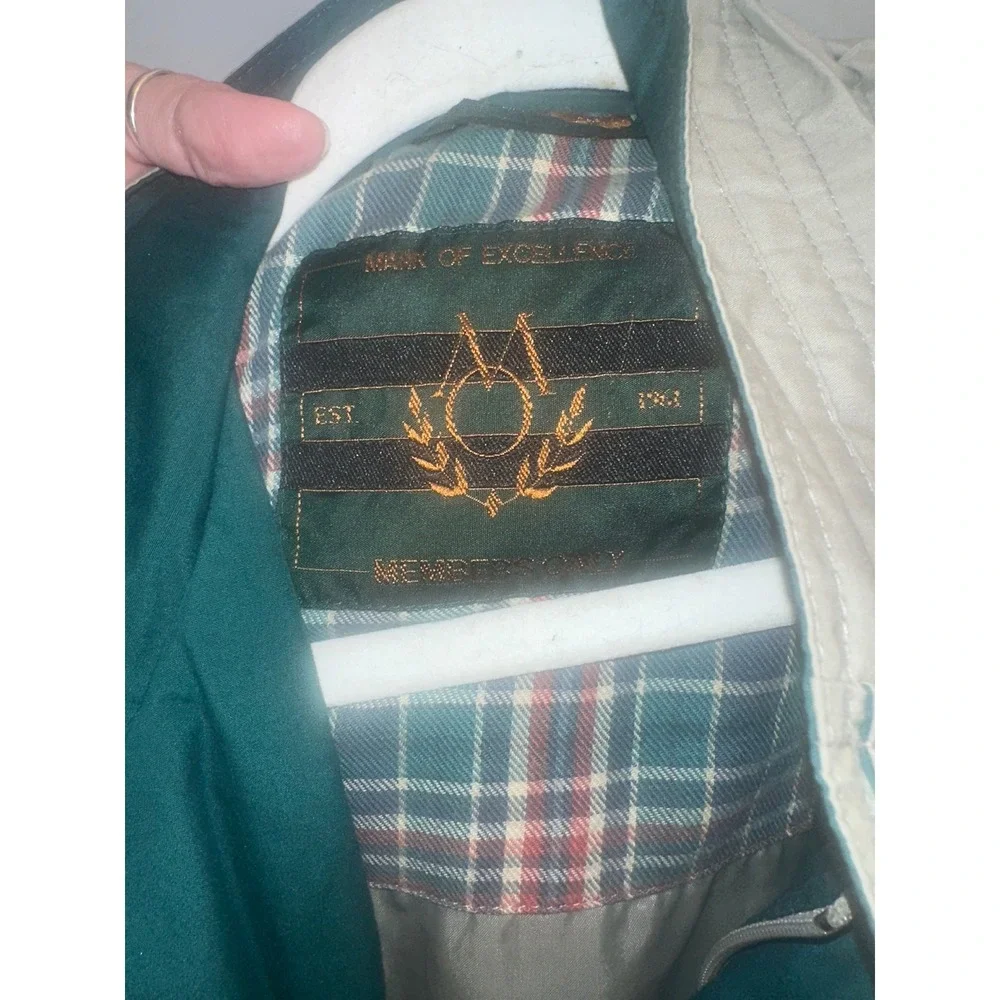 Members Only Tan Bomber Jacket Hunter Green Trim Plaid Lining Mens Small Vintage